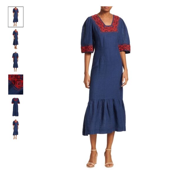 Sea New York Leah Embroidered Navy Midi Dress with Red Embroidery 100% Cotton - Picture 1 of 15